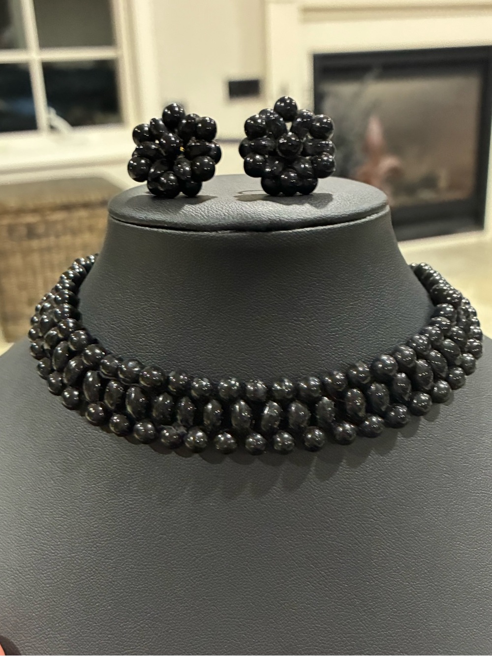 Vintage Signed Germany Black Glass Bead Choker Necklace & Screw Back Earring Set